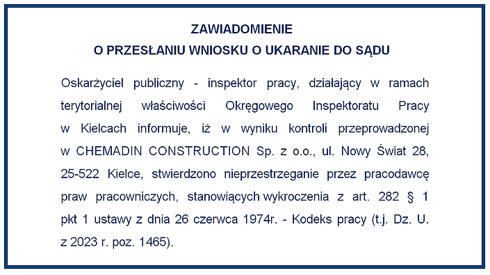 Zawiadomienie o przesłaniu wniosku o ukaranie do sądu